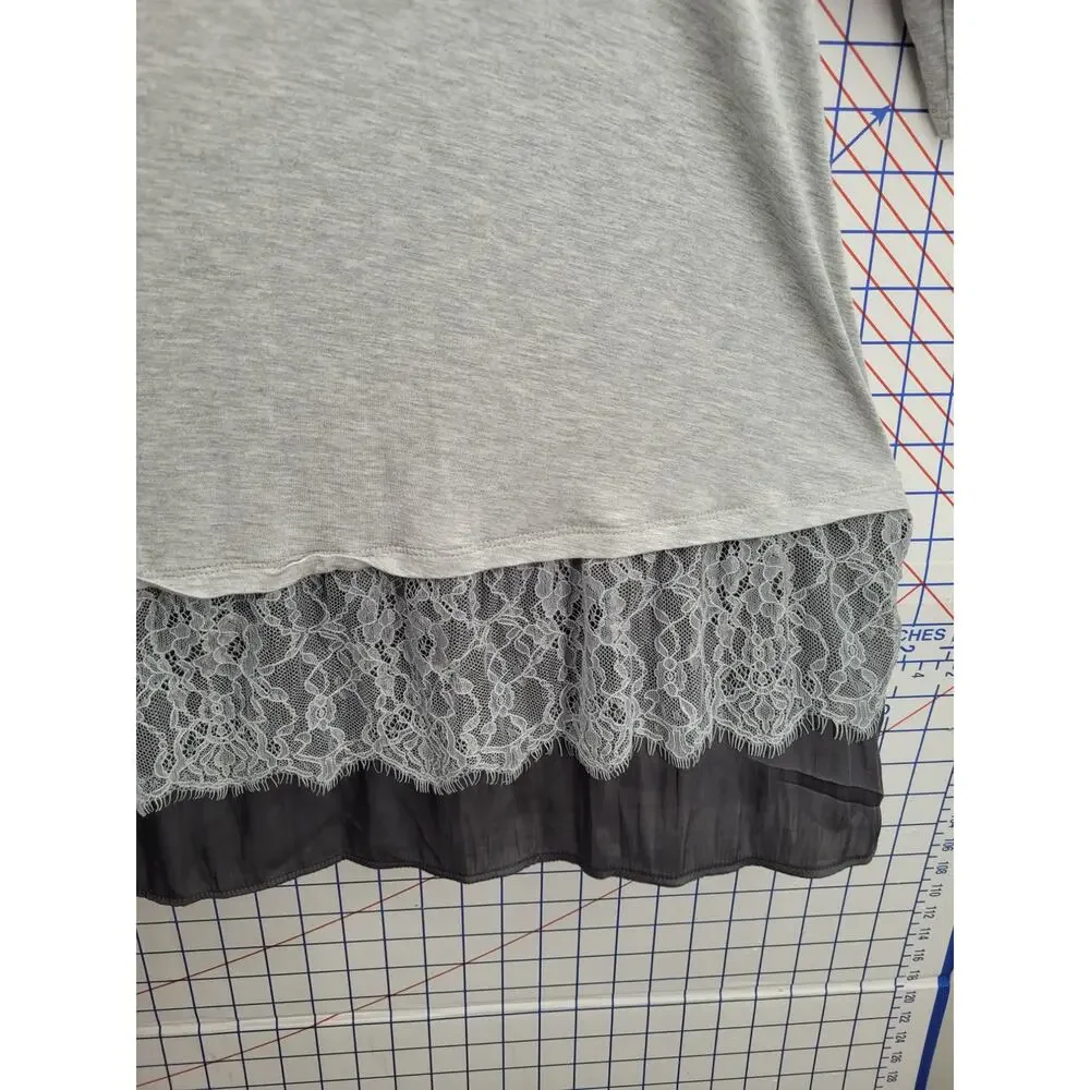LOGO Lori Goldstein 3X Gray Knit Lace Hem Tunic Boho Layered Lagenlook Style